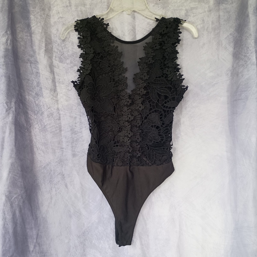 Black Floral Lace‎ Mesh Bodysuit Sheer Sleeveless Gothic Boho